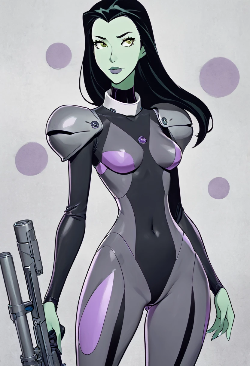 cartoon thin woman, long neck, long black hair, pale green skin, wearing a v-neck collar purple sci-fi body suit with thick armor covering the crotch and shoulders. she is armed with an arm cannon, on her suit by her waist are some small gray circles 