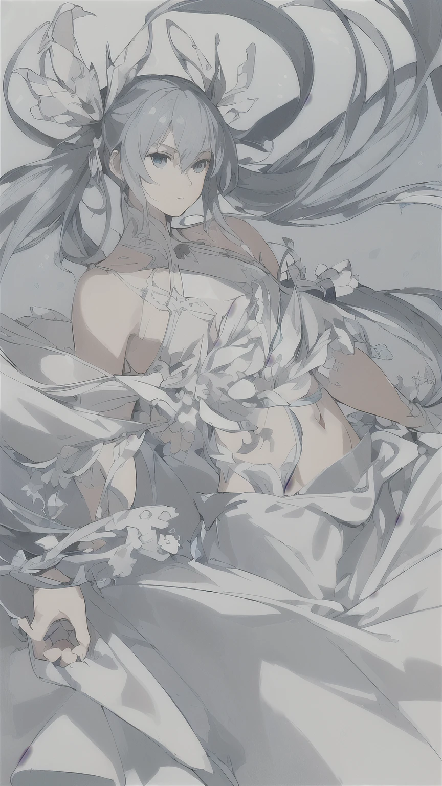 (((work of art))),(((best qualityer))),((ultra detali)),(illustration),((extremely delicate and beautiful)),dynamic angle,floating,(beautiful detailed eyes),(detailed light) (1 men), standing alone, floating_body hair,glare eyes,brancos body hair,blue colored eyes, twintails, long halter kimono, , blue background, stark(Loose long hair)