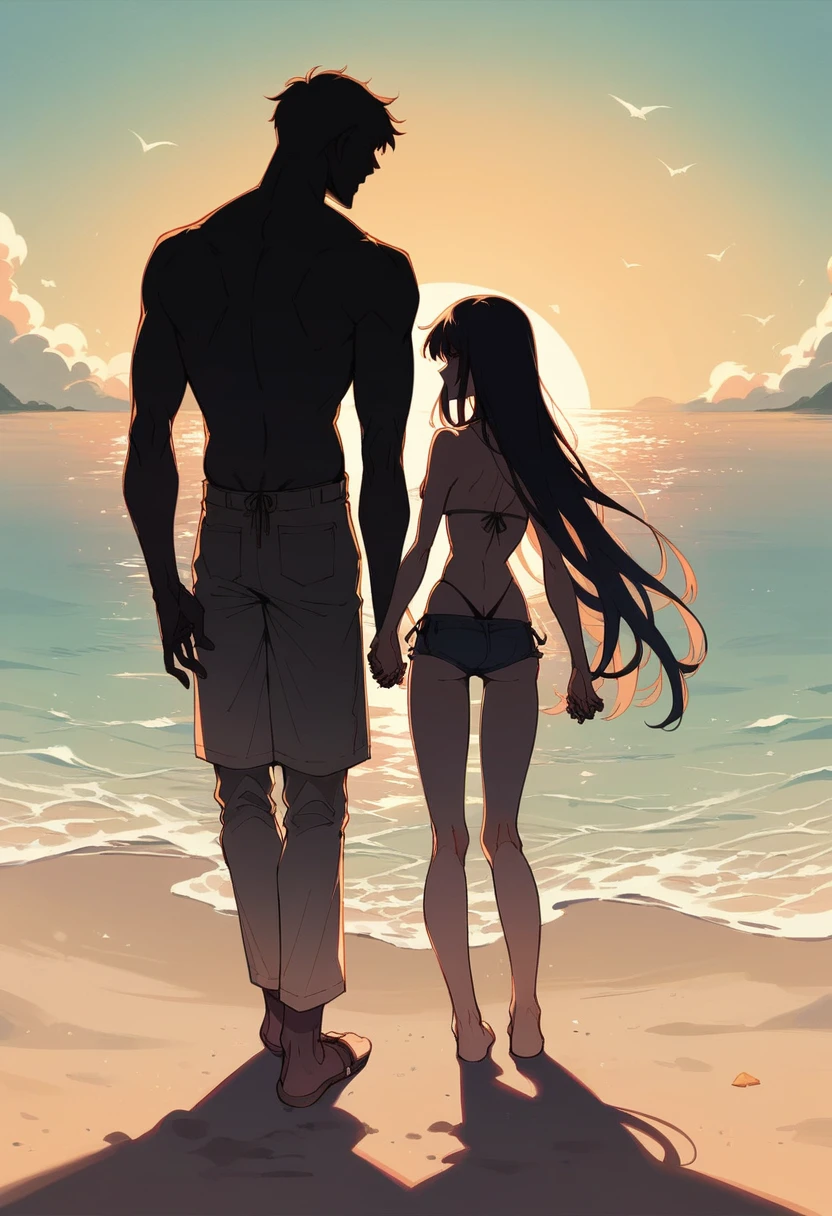 Silhouette tall man and woman with long hair, standing backwards, holding hands, at beach, looking at the sunset