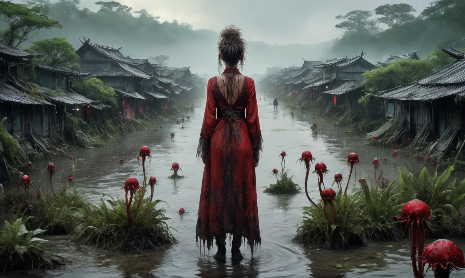 heght view on himera babygirl assassin,elf,pretty face,eyebrow up,full body shot,ominous landscape,glate gray atmosphere,prime colors,wariza,extremely detailed, [night],masterpiece,intricate details,faded,eyes extremely detailed, high detailed eyes,4k resolution,RAW, Nikon Z9,scary swamp beach,family nudism,view from height,The Walking Dead,native japan dead city,modern London,swamp,jungle,witch,hard rain,Smiling,Bun Hair,(Folk clothes:1.5), long dress, pronounced feminine feature, insane details, intricate details, hyper-detailing, Complex background, ,full-body-shot,Very tall, Cinematic,Muted colors, Technicolor,natural skin textures, hyper realisitc, hyper detailed,Extremely detailed,High contrast,Masterpiece,Realistic,Ultra Detailed,intricate details,realistic humid skin,extremly intricate,Epic Realistic, Romantic, cinematic style,by art irina yermolova,orc, messy hair,luminous eyes,extremely detailed, [night landscape],masterpiece,intricate details,faded,eyes extremely detailed, high detailed eyes,4k resolution,RAW, Nikon Z9,by jimmy chin,by art Simon Stalenhag,Nicola Samori,Wangechi Mutu,Lisa Frank,Magical plant from the abyss, the ghost flower, ghost flower,Blood-red tentacles stare at the dead，carismatic，Incredible，terror
