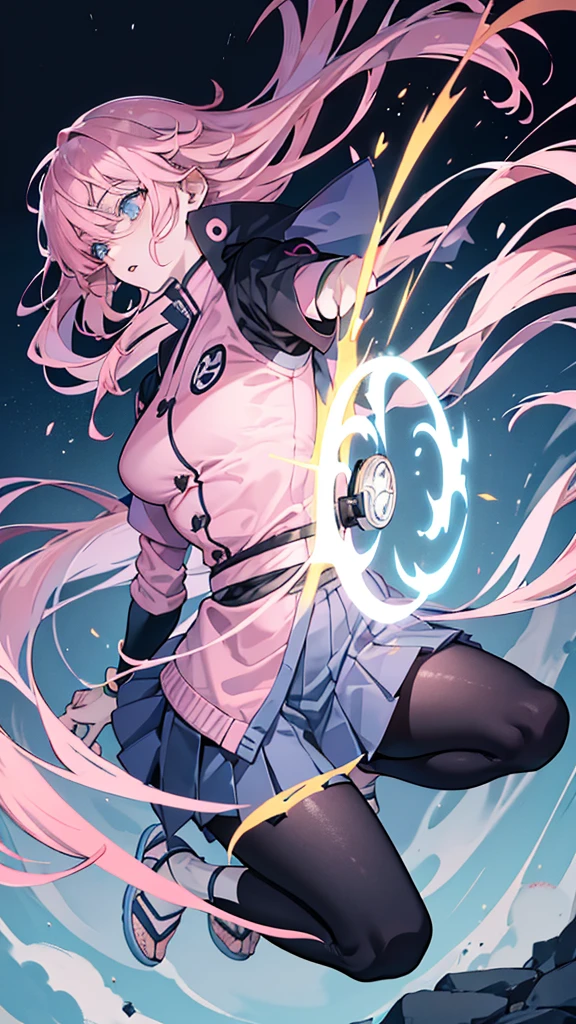 JUJUTSU KAİSEN: girl with long light pink hair and light blue eyes wearing light pink lipstick wearing jujutsu kaisen uniform dark blue jacket, Dark Blue Skirt, black tights, Brown Shoe, with white cover on the body