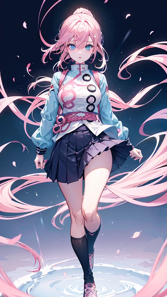 JUJUTSU KAİSEN: girl with long light pink hair and light blue eyes wearing light pink lipstick wearing jujutsu kaisen uniform dark blue jacket, Dark Blue Skirt, black tights, Brown Shoe, with white cover on the body