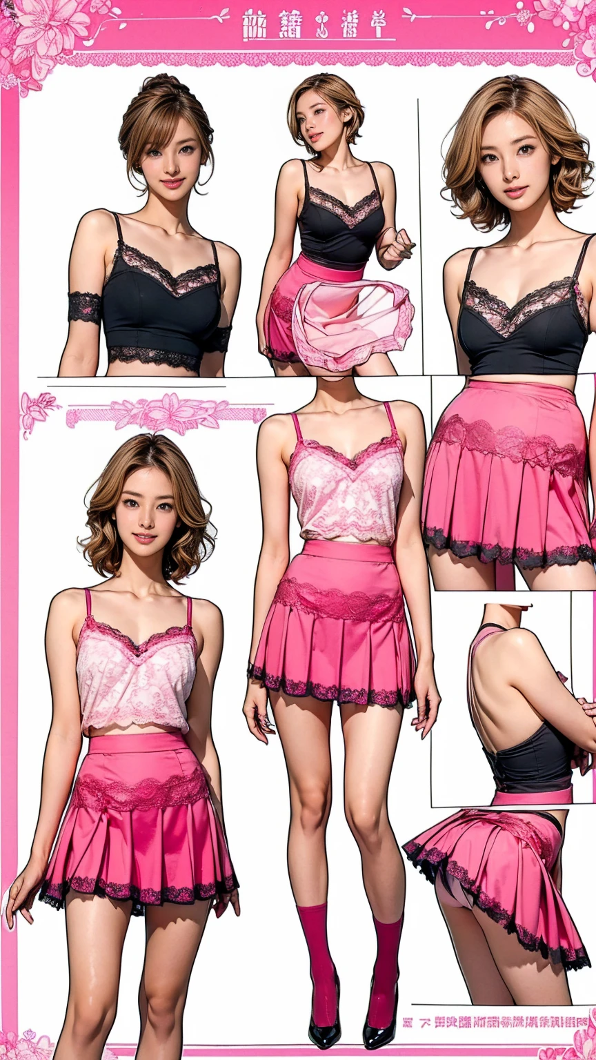 ((masterpiece)),(((Highest quality))),((Character design sheet)),Thin thighs,Long legs,A very cute 20 year old young woman from Japan.., ((Thin hair that is somewhere between brown and blonde)), ((Short hair with side waves)),Medium bust size、(Curly Hair),(((A very kind smile))), (((She wears pink, Red and magenta lace panties))),(((Wearing a black tight skirt, but、it is'turned over in her hands.))),(((He is wearing a black and white striped shirt.。))) Highly detailed lips, Beautiful Eyes, City Street,
