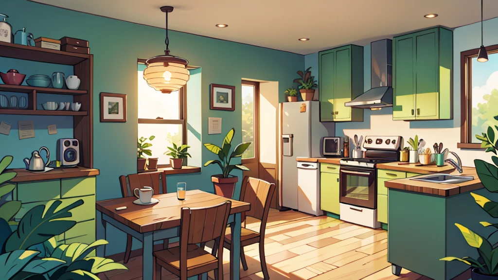 There is a kitchen, bright sunny, some plants, non-center table, four chairs