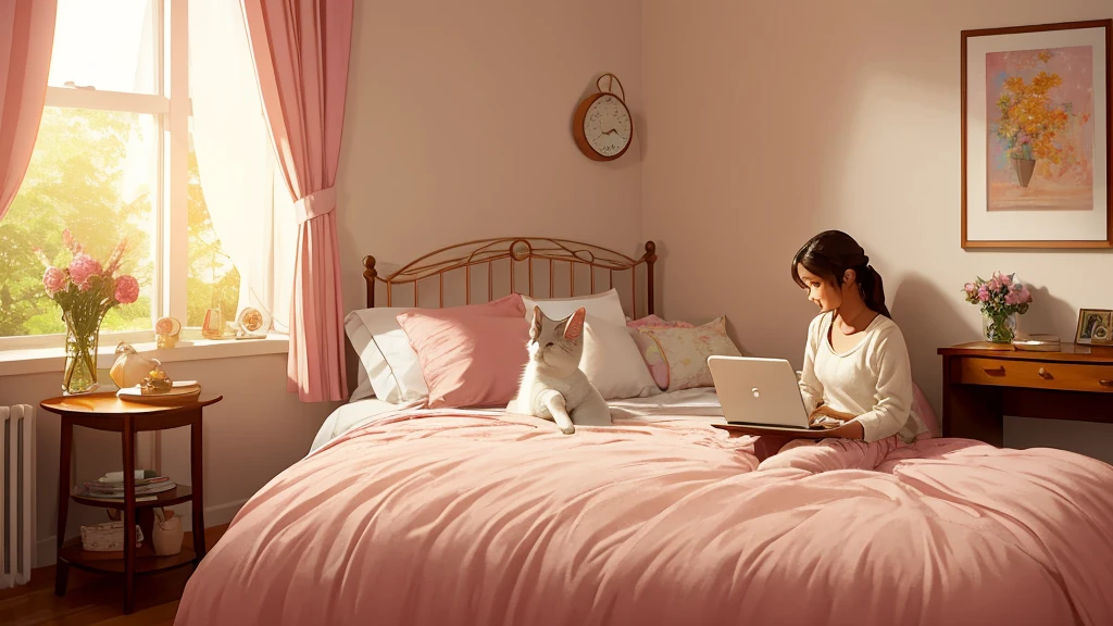 In a cozy, well-furnished bedroom filled with the soft glow of evening light, a teenage girl sits on her bed, her eyes gently fixed on the vibrant hues of the sunset outside her window. Next to her, a fluffy cat curls up, purring softly. The soothing rhythms of lo-fi music fill the room, blending harmoniously with the tranquil ambiance. Fresh flowers add a touch of nature's beauty, their colors vibrant against the soft pastels of the room. A neat desk stands against one wall, adorned with a computer, a stylish clock, and a few personal knick-knacks. The scene captures a peaceful moment of connection between the girl and her feline companion, as they watch the day fade into night together.