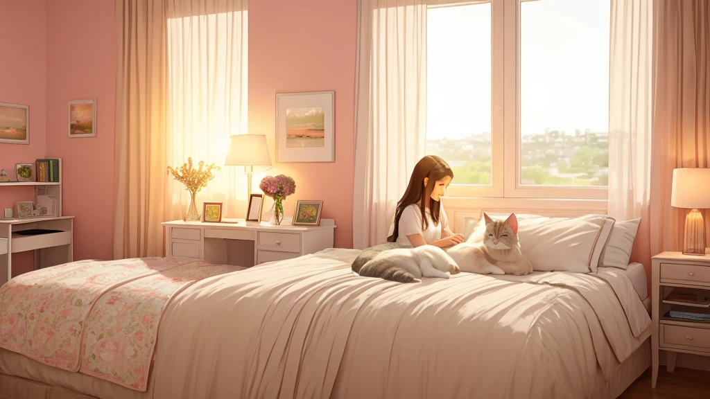 In a cozy, well-furnished bedroom filled with the soft glow of evening light, a teenage girl sits on her bed, her eyes gently fixed on the vibrant hues of the sunset outside her window. Next to her, a fluffy cat curls up, purring softly. The soothing rhythms of lo-fi music fill the room, blending harmoniously with the tranquil ambiance. Fresh flowers add a touch of nature's beauty, their colors vibrant against the soft pastels of the room. A neat desk stands against one wall, adorned with a computer, a stylish clock, and a few personal knick-knacks. The scene captures a peaceful moment of connection between the girl and her feline companion, as they watch the day fade into night together.