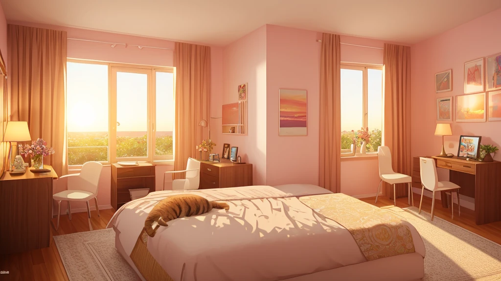 In a cozy, well-furnished bedroom filled with the soft glow of evening light, a teenage girl sits on her bed, her eyes gently fixed on the vibrant hues of the sunset outside her window. Next to her, a fluffy cat curls up, purring softly. The soothing rhythms of lo-fi music fill the room, blending harmoniously with the tranquil ambiance. Fresh flowers add a touch of nature's beauty, their colors vibrant against the soft pastels of the room. A neat desk stands against one wall, adorned with a computer, a stylish clock, and a few personal knick-knacks. The scene captures a peaceful moment of connection between the girl and her feline companion, as they watch the day fade into night together.