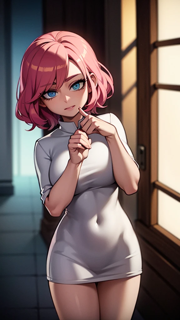 beautiful detailed eyes, beautiful detailed lips, extremely detailed eyes and face, long eyelashes, 1girl, rose pink hair, light blue eyes, light pink lipstick, jujutsu kaisen uniform, white cape, beautiful detailed hair, intricate details, (best quality,4k,8k,highres,masterpiece:1.2),ultra-detailed,(realistic,photorealistic,photo-realistic:1.37), dynamic pose, cinematic lighting, vibrant colors, anime, digital art
