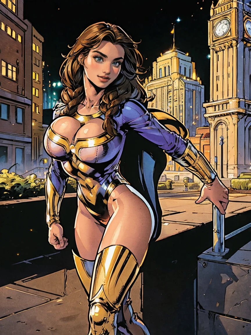 (masterpiece, top quality, best quality, official art, beautiful and aesthetic:1.2), (1girl:1.3), brown hair, braid, extremely detailed, portrait, looking at viewer, solo, (full body:0.6), detailed background, close up, mischievous eyes, (warm city superhero theme:1.1), pleasant smile, brunette, aquiline nose, green eyes, braid, ((gigantic breasts)), (thin), athletic, superhero. Wearing a white and gold superhero leotard, cape, gloves, thigh-high boots, slim waist, slim hips, long legs, modern (city street exterior:1.1) detailed background, bright optimistic lighting, shadows, magical atmosphere, dutch angle