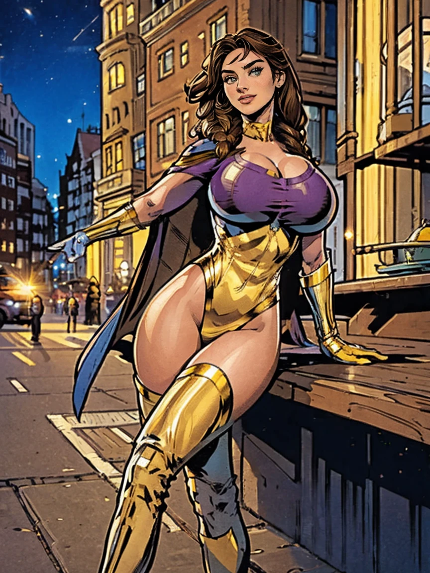 (masterpiece, top quality, best quality, official art, beautiful and aesthetic:1.2), (1girl:1.3), brown hair, braid, extremely detailed, portrait, looking at viewer, solo, (full body:0.6), detailed background, close up, mischievous eyes, (warm city superhero theme:1.1), pleasant smile, brunette, aquiline nose, green eyes, braid, ((gigantic breasts)), (thin), athletic, superhero. Wearing a white and gold superhero leotard, cape, gloves, thigh-high boots, slim waist, slim hips, long legs, modern (city street exterior:1.1) detailed background, bright optimistic lighting, shadows, magical atmosphere, dutch angle
