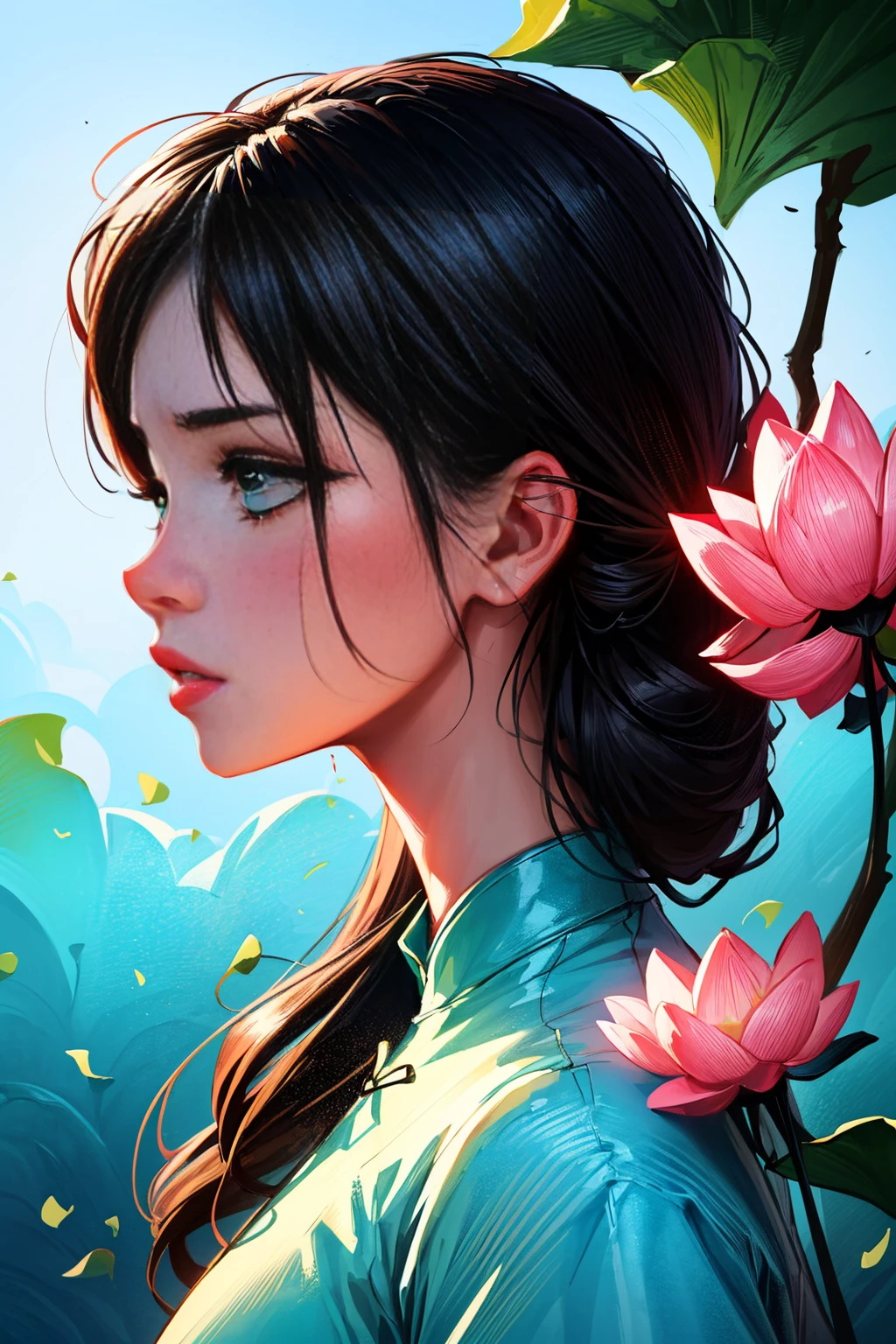 plano general, whole body:1.4, ((a detailed beautiful girl with Cheongsam in Cantonese, in profile with a lotus flower in his hands:1.3, It is a type of female dress of Manchu origin used in China, beautiful colors., pink cyan, green:1.5)), detailed eyes, detailed face, long eyelashes, detailed hair and updo elegant and beautiful dressed elegantly, standing under a tree, sunlight splashing on the leaves, vibrant colors, photorealistic, 8K, high quality, cinematic lighting, portrait, (Best Quality,4k,8K,high resolution,masterpiece:1.2),ultra detailed,sharp focus, Very detailed face,extremely detailed facial features,hyper realista skin texture,extremely fine details,intricate details,detailed eyes,Detailed nose,detailed lips,Detailed facial expressions,intricate facial anatomy,intense lighting, dramatic lighting,Changing lighting,cinematic lighting,chiaroscuro lighting,dramatic shadows,dramatic moments,vivid colors,intense colours,Deep contrast,cinematic depth of field,cinematographic composition,cinematic camera angle