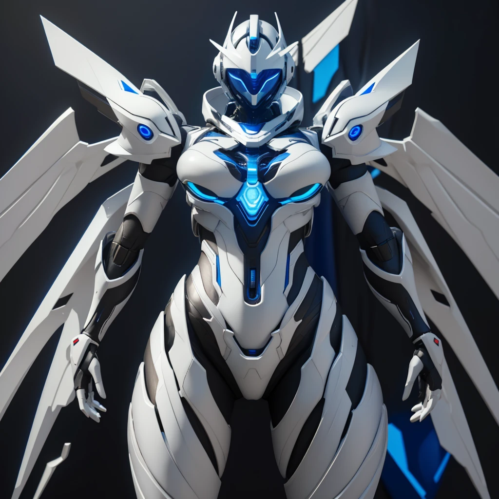 Dronificated unknown woman in a fully enclosed white latex fullbody suit with blue lights across the suit and star shaped glowing core in the chest, fully enclosed cyber helmet that cover her whole face and hides her identity with a blue screen that has a white star, huge breast, narrow waist, wide hips and thick thighs, open Mechanical wings, (floating over a futuristic city), no face, no hair, no mouth, no eyes, (perfect anatomy)