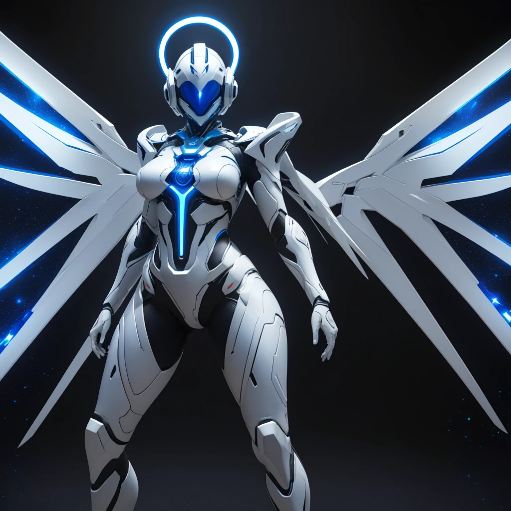 Dronificated unknown woman in a fully enclosed white latex fullbody suit with blue lights across the suit and star shaped glowing core in the chest, fully enclosed cyber helmet that cover her whole face and hides her identity with a blue screen that has a white star, huge breast, narrow waist, wide hips and thick thighs, open Mechanical wings, (floating over a futuristic city), no face, no hair, no mouth, no eyes, (perfect anatomy)