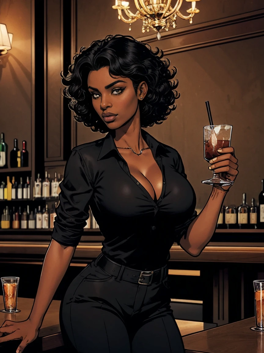 Cardinal, a gorgeous bartender woman with (dark skin, short curly black hair) wearing a black polo, tight slacks. Athletic, huge breasts, wide hips. Short curly black hair, mixing a drink. Confident. At a high-end bar, luxury hotel. cleavage.