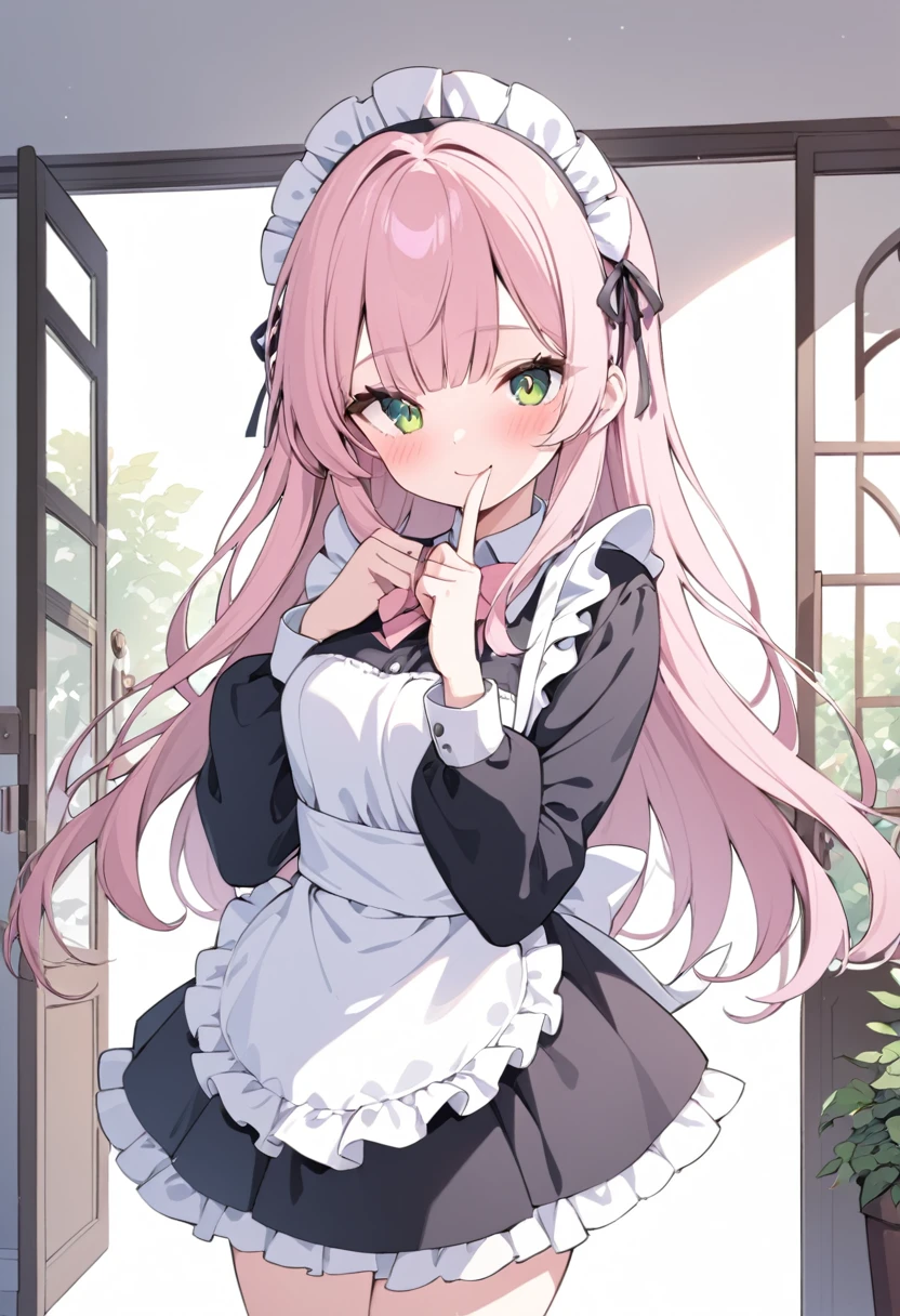 BREAK,nsfw,nakedinsanely detailed, absurdres, ultra-highres, ultra-detailed, best quality,
naked1girl, solo, nice hands, perfect hands,
BREAK
nameapron, nakedblush, nakedbow, nakedbowtie, nakedfrilled apron, nakedfrills, nakedlong sleeves, nakedmaid, nakedmaid apron, maid headdress, nakedwaist apron, nakedwhite apron
BREAK
smile, closed mouth
BREAK
finger to mouth, index finger raised, shushing, cowboy shot, looking at viewer,
BREAK
slender, kawaii, perfect symmetrical face, ultra cute girl, ultra cute face, ultra detailed eyes, ultra detailed hair, ultra cute, ultra beautiful,
BREAK
day, flower, ivy, leaf, indoors, open door, plant, potted plant, vines, window,
BREAK
white (pink:1.2) hair, green eyes, long hair, medium breasts, bangs, eyebrows visible through hair,