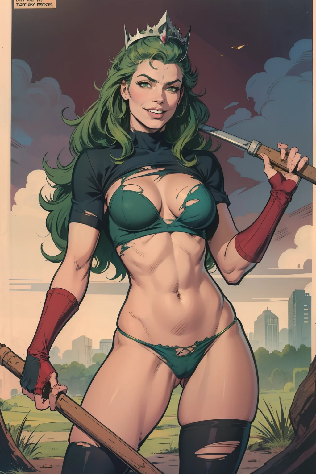 1girl, long hair, gloves, holding, weapon, green hair, teeth, fingerless gloves, torn clothes, 4koma, parody, tiara, slim smile, axe, holding axe, panty