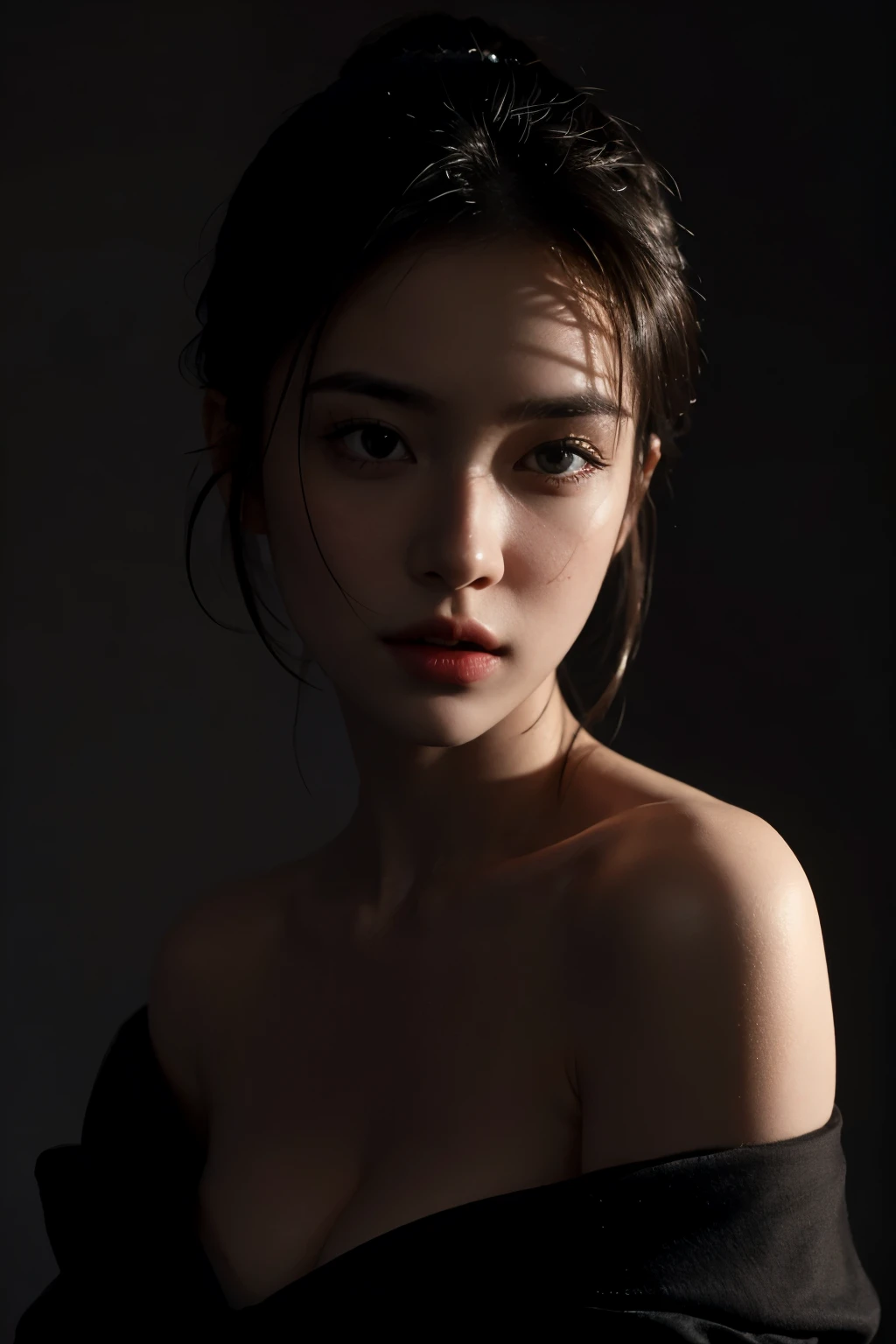 Best quality, masterpiece, ultra high res, (photorealistic:1.4), raw photo, 1girl, offshoulder, deep shadow, low key, cold light, chiaroscuro, grey background