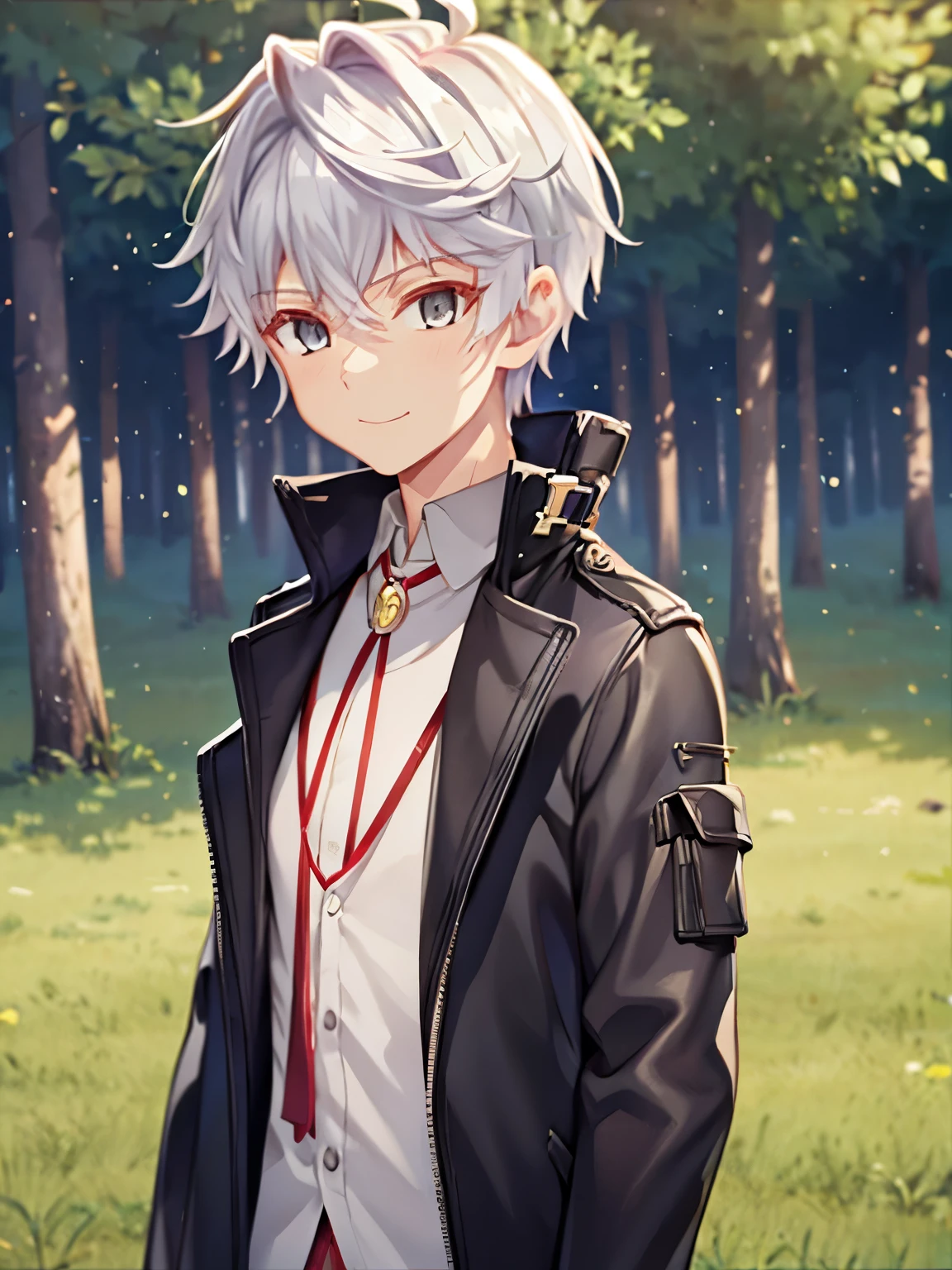 score_9, score_8_up, score_7_up, source_anime, rating_safe, intricate details, , looking at viewer, , 1boy, solo, male focus, lugh_tuatha_de, grey hair, grey eyes, short hair, hair between eyes, bangs, asymmetrical,smile, grass, tree, day, v, peace sign, sad, , 