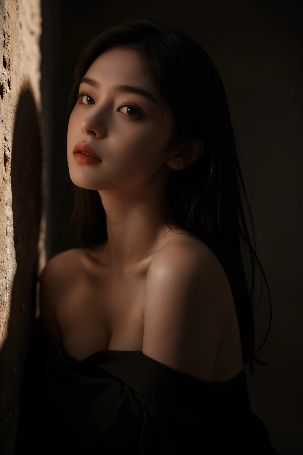 Best quality, masterpiece, ultra high res, (photorealistic:1.4), raw photo, 1girl, offshoulder, deep shadow, low key, cold light, chiaroscuro, grey background