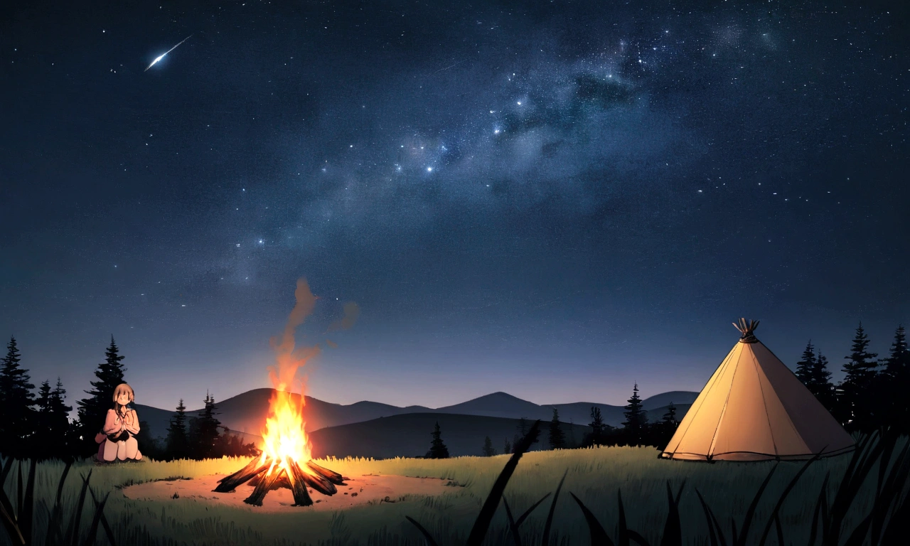 ((((masterpiece, Highest quality, High resolution)))), High detail,Extremely detailed 8K, manga,anime,Illustration Style,Use of bright colors,Ghibli Studio, Game fantasy world view,RPG World,Deep woods, No humans, Game Background, camp,bonfire,Lots of trees々,1 simple tent,Night Forest,There is no one here,中央に赤く明るいbonfire,Beautiful starry sky,Warm atmosphere,Gentle use of colors,Night Forestでのcamp,bonfireには鍋がかけられている,Evidence of cooking,Calm Night,Peaceful Forest.