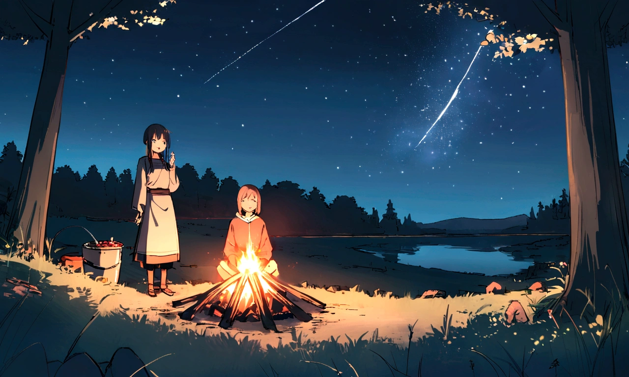 ((((masterpiece, Highest quality, High resolution)))), High detail,Extremely detailed 8K, manga，anime，Illustration Style，Use of bright colors，Ghibli Studio, Game fantasy world view,RPG World,Deep woods, No humans, Game Background, camp,bonfire,Lots of trees々,1 simple tent,Night Forest,There is no one here,中央に赤く明るいbonfire,Beautiful starry sky,Warm atmosphere,Gentle use of colors,Night Forestでのcamp,bonfireには鍋がかけられている,Evidence of cooking,Calm Night,Peaceful Forest.