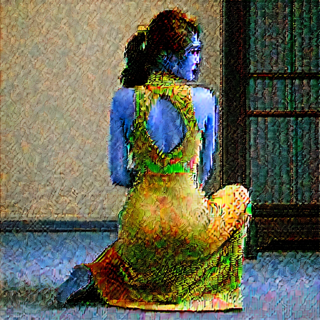 Realistic, high quality, Chinese woman wearing a maxi bodycon dress, knit dress, seated on knees on floor, bending over, rear view