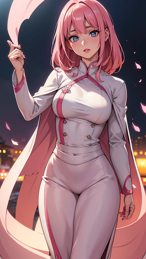 beautiful detailed eyes, beautiful detailed lips, extremely detailed eyes and face, long eyelashes, 1girl, rose pink hair, light blue eyes, light pink lipstick, jujutsu kaisen uniform, white cape, beautiful detailed hair, intricate details, (best quality,4k,8k,highres,masterpiece:1.2),ultra-detailed,(realistic,photorealistic,photo-realistic:1.37), dynamic pose, cinematic lighting, vibrant colors, anime, digital art