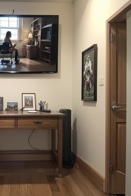 create a scene to serve as a background for videos. A room with a sports painting on the wall 