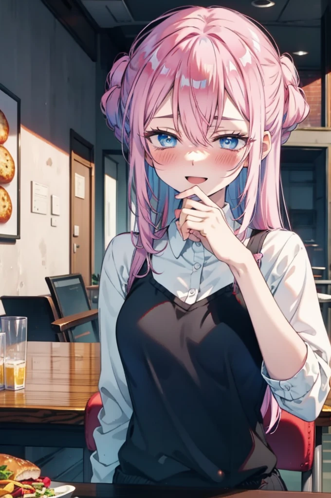 miyakoshikimori, miyako shikimori, Long Hair, blue eyes, Hair between the eyes, Pink Hair,ribbon, red ribbon,blush,smile,Open your mouth,Squint your eyes,black tank top shirt,Shorts,Sitting in a chair,There is food on the table,So that the whole body goes into the illustration,Resting one's chin on one's hand,
break looking at viewer,
break indoors, room,
break (masterpiece:1.2), Highest quality, High resolution, unity 8k wallpaper, (figure:0.8), (Beautiful attention to detail:1.6), Highly detailed face, Perfect lighting, Highly detailed CG, (Perfect hands, Perfect Anatomy),