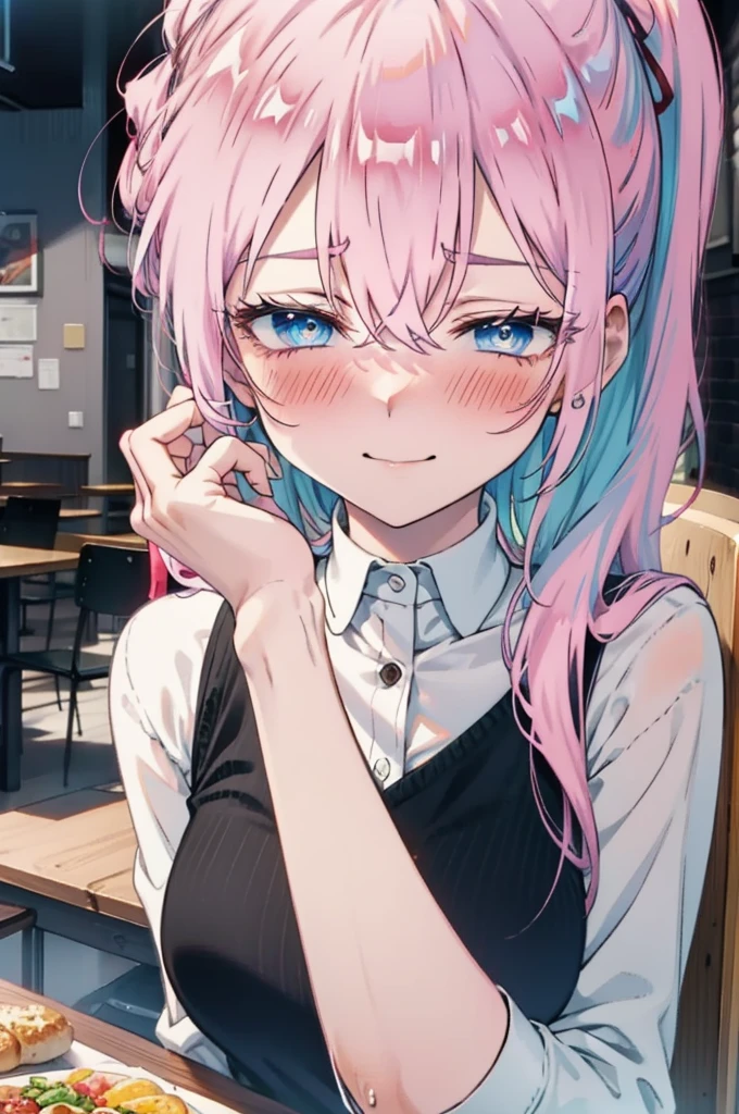 miyakoshikimori, miyako shikimori, Long Hair, blue eyes, Hair between the eyes, Pink Hair,ribbon, red ribbon,blush,smile,Open your mouth,Squint your eyes,black tank top shirt,Shorts,Sitting in a chair,There is food on the table,So that the whole body goes into the illustration,Resting one's chin on one's hand,
break looking at viewer,
break indoors, room,
break (masterpiece:1.2), Highest quality, High resolution, unity 8k wallpaper, (figure:0.8), (Beautiful attention to detail:1.6), Highly detailed face, Perfect lighting, Highly detailed CG, (Perfect hands, Perfect Anatomy),