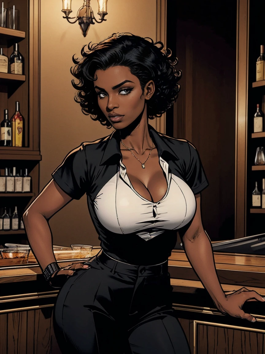 Cardinal, a gorgeous bartender woman with (dark skin, short curly black hair) wearing a black polo, tight slacks. Athletic, huge breasts, wide hips. Short curly black hair, mixing a drink. Confident. At a high-end bar, luxury hotel. cleavage.