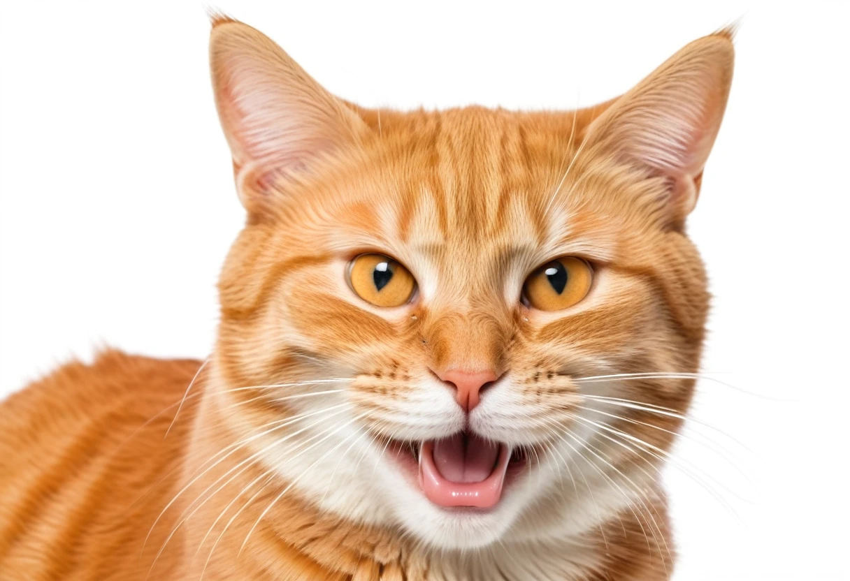 Front side close up of orange cat with a happy face expression, isolated white background