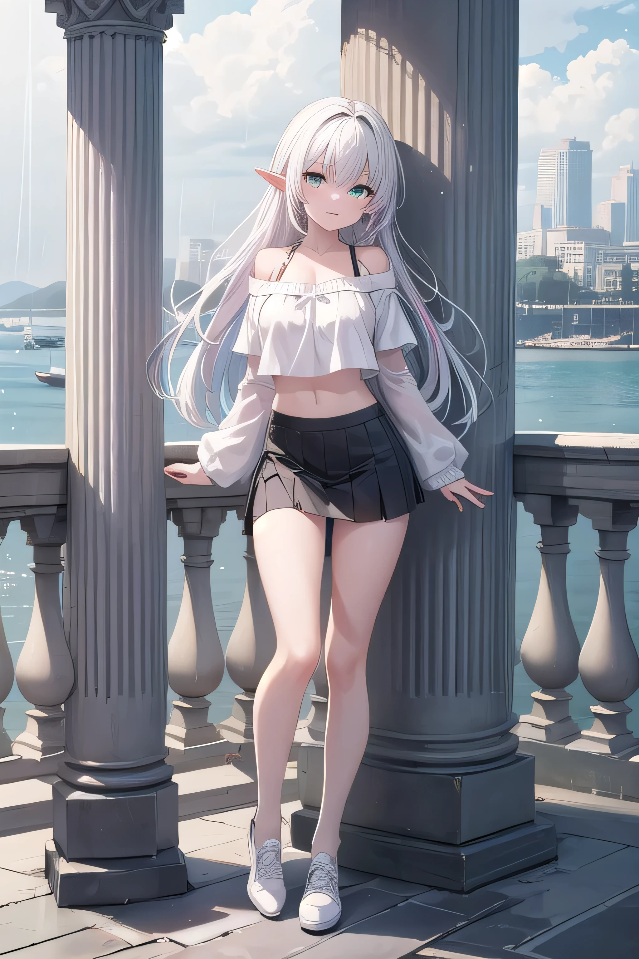 最high quality、high quality、best image quality、8K、最High resolution、High resolution、最high quality、masterpiece、whole body photos、 skin in every detail、 face in every detail、 eyes in every detail、 lips in every detail、 teeth in every detail、 ears with attention to detail、 hair with detailed details、arms with attention to detail、 hands with attention to detail、 fingers with attention to detail、 (fine hands、thumb1reference4)、 legs with attention to detail, feet with attention to detail, 8k, ultra HD, sharp focus, details hair, beautiful hair, details face, beautiful detail eye, details pupil, perfect hand, vibrant colours, soft lighting.
1girl, kids height , long hair, multi colour hair, style hair, pink and white hair, sea blue eyes, giant breast, summer clothes, losses top, beautiful crop top, open chest, off shoulder, white panties, black skirt, random shoes .
in city, standing, beside pillar, raining, nice clouds