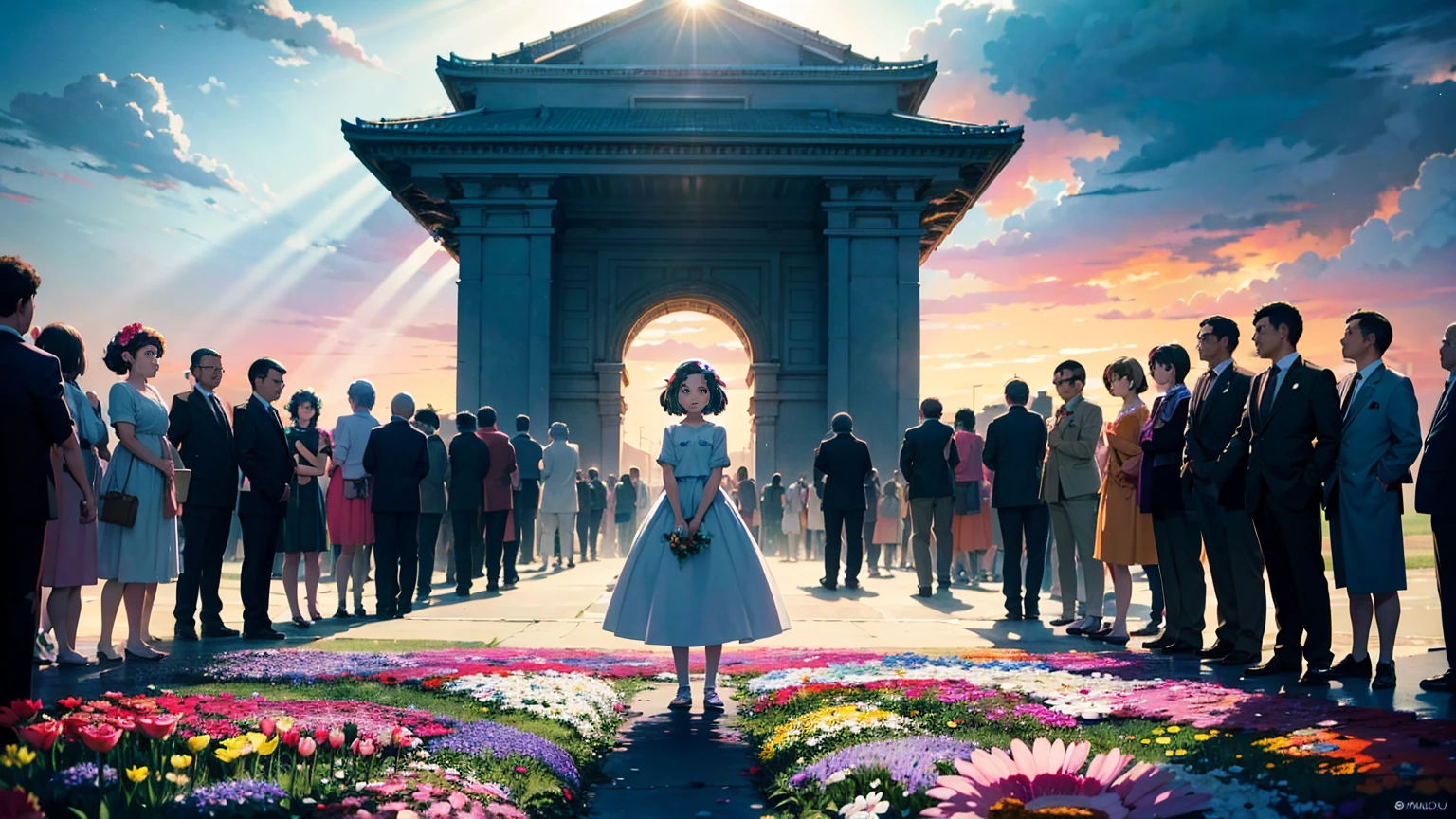 A vibrant flower blooms on the dirty ground of a large gray avenue. A crowd of gray, soulless people crosses the streets. A colorful , glowing with bright hues, stands protectively over the flower, protecting it with her little hands and determined eyes. Sunlight breaks through the dark clouds. Studio Ghibli style