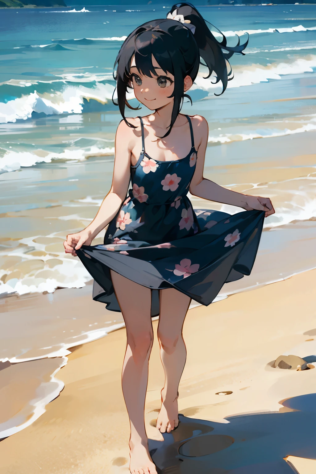 NSFW、In the best quality、 girl standing on a sandy beach。In high resolution、Beautiful details、Quiet atmosphere。Black hair ponytail、Cute Smile.。Small breasts、Cute floral blue camisole dress、barefoot。