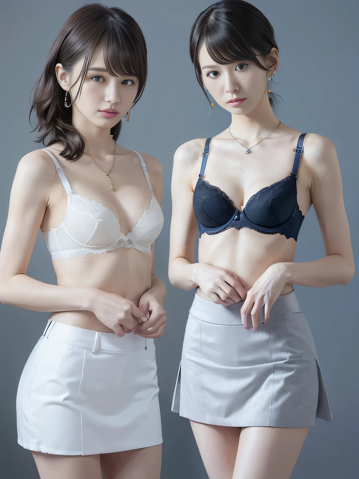 (slendr legs:1.4),(2 worman:1.4) ,(make up:1.0),Necklaces, rings, earrings, watches, jewellery,suit,2 lady,realistic,(ultra quality:1.2),high quality,masterpiece,(ultra detailed:1.4),japanese girl,beautiful face,(real bra:1.5),(skirt:1.2),(small breast:1.4),slender,highres,