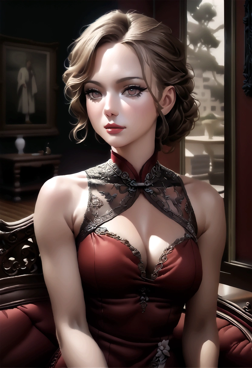 a woman (Scarlett Johansson Age 25), wearing an ornate cheongsam dress, detailed facial features, beautiful eyes, expressive lips, long eyelashes,beautiful skin,elegant hairstyle,feudal china setting,merchant family manor,greeting imperial emissaries,dramatic lighting,rich color palette,cinematic composition,intricate architectural details,opulent decor,stunning visual impact,(best quality,8k,highres,masterpiece:1.2),ultra-detailed,(realistic,photorealistic,photo-realistic:1.37),cinematic,dramatic,intricate,ornate,elegant,atmospheric,moody,rich colors
