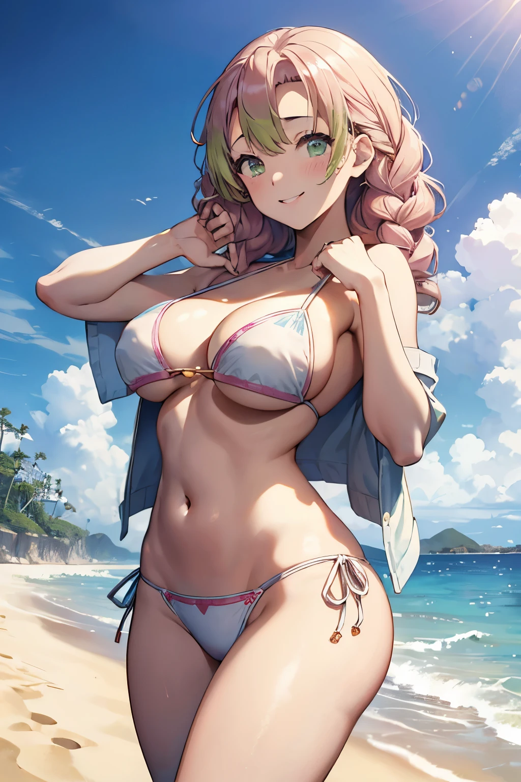 (8K、masterpiece、Highly detailed background、high resolution)、(Mitsuri Kanroji)、Cleavage、(beach、White Bikini、Swim ring、Gravure pose、Embarrassed smile、Nipple protrusion)