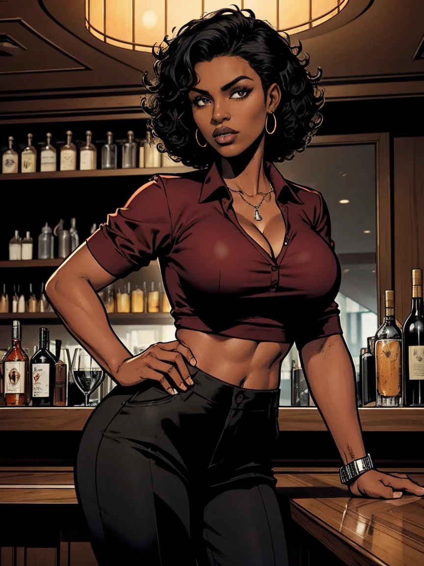Cardinal, a gorgeous bartender woman with (dark skin, short curly black hair) wearing a black polo, tight slacks. Athletic, huge breasts, wide hips. Short curly black hair, mixing a drink. Confident. At a high-end bar, luxury hotel. cleavage.