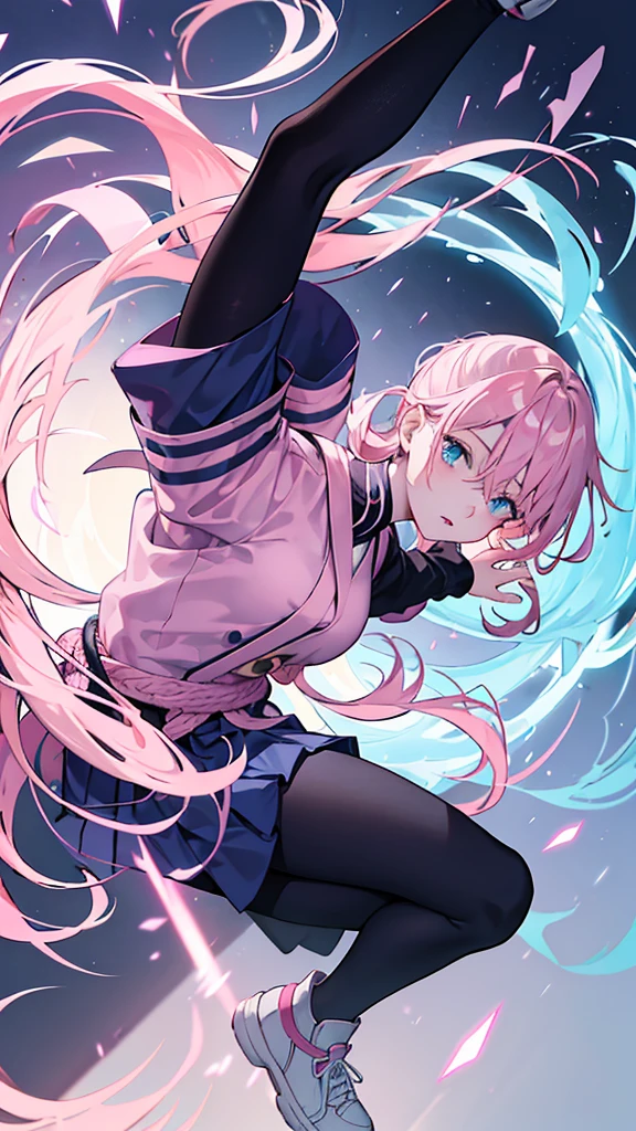JUJUTSU KAİSEN: girl with long light pink hair and light blue eyes wearing light pink lipstick wearing jujutsu kaisen uniform dark blue jacket, Dark Blue Skirt, black tights, Brown Shoe, with white cover on the body