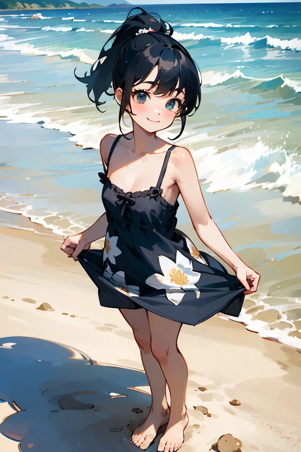 NSFW、In the best quality、Teenage girl standing on a sandy beach。In high resolution、Beautiful details、Quiet atmosphere。Black hair ponytail、Cute Smile.。Cute floral blue camisole dress、barefoot。