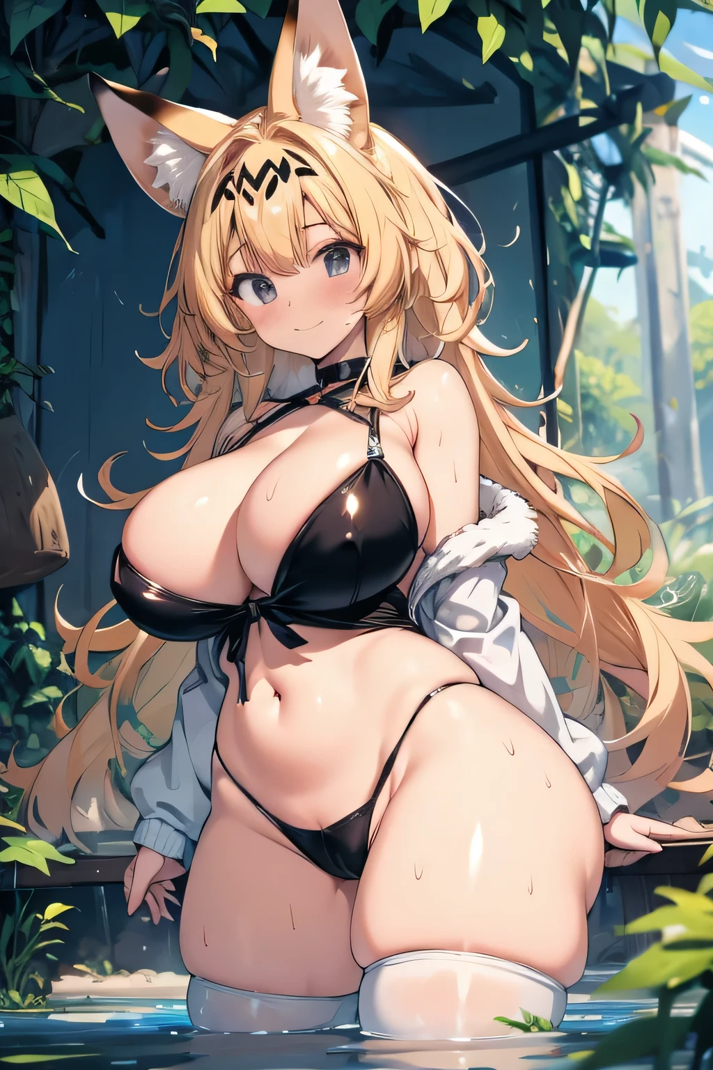 Hentai、High resolution、Focus on people、Extreme costumes、Kemono Friends、Serval cat、A gal wearing fur in the jungle shows off her sexual appeal、Perfect proportions、Cowboy Shot、Very large breasts、Fatty thick legs、Exposing her thick pussy、Sweaty