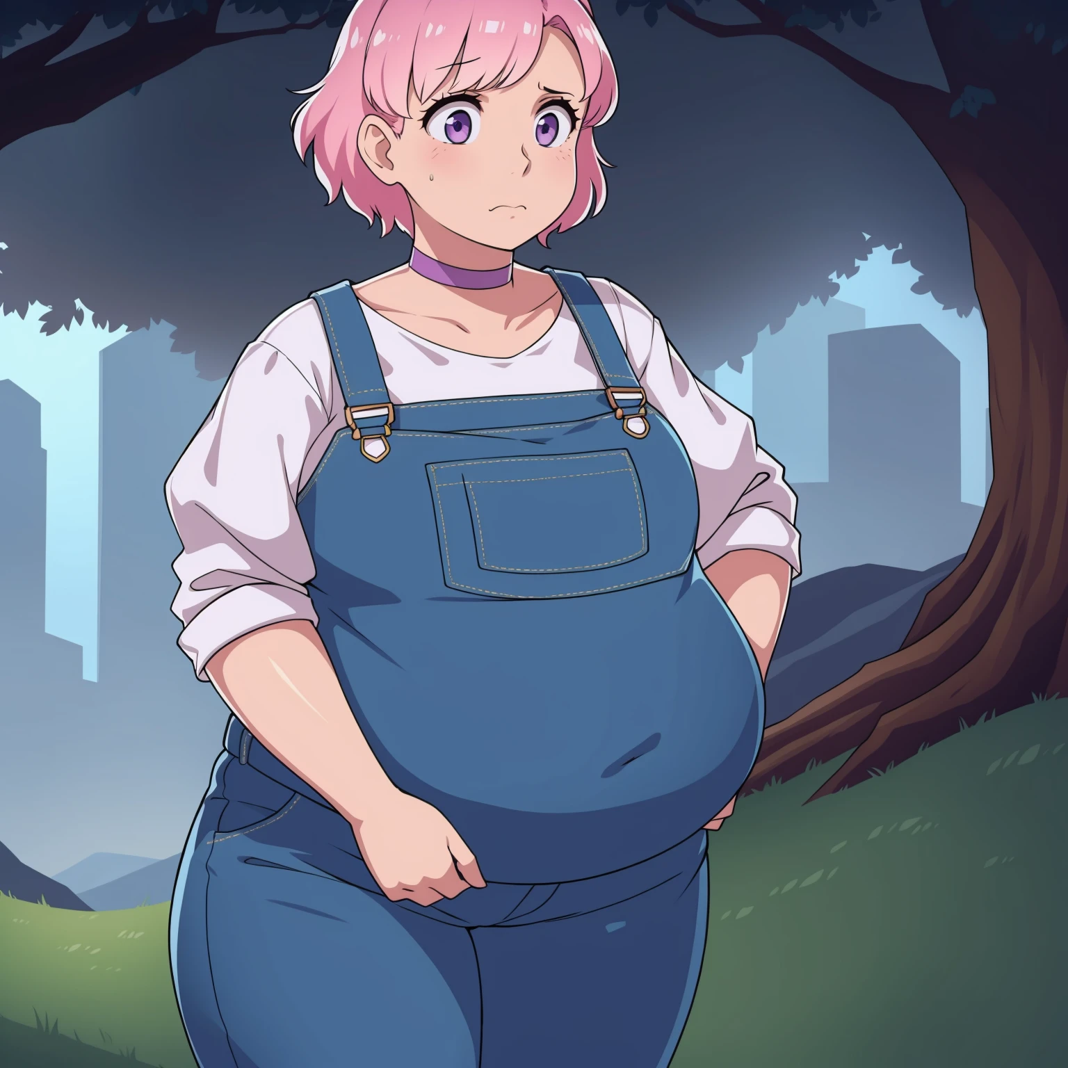 (Pale skin:1.0)Up close, Holding belly, hands on belly, outgrown clothes, (Sad:1.1), (Sad face:1.1)Pale skin, (Obese:1.1),fat, Slightly chubby, sad, farm backround, upper body, looking at viewer, 1girl, solo, short pink hair, (dark blue choker), (dark blue denim overalls), (purple eyes), (pink boots), (white shoulder lantern sleeve blouse, tucked in pants