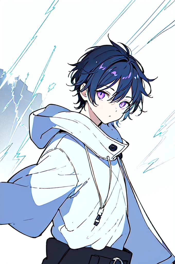 [(WHITE BACKGROUND:1.5),::5], ((((masterpiece)))), high quality, ultra very high resolution, full color, (((solo))), ((little boy)), black hair, ((blue colored inner hair)), ((purple eyes)), anime, ((upper body)), neon light, black parka, (lightning effect:1.2)