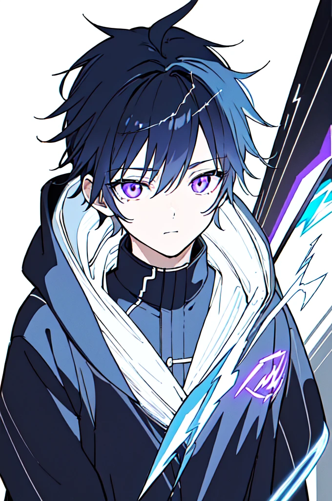 [(WHITE BACKGROUND:1.5),::5], ((((masterpiece)))), high quality, ultra very high resolution, full color, (((solo))), ((little boy)), black hair, ((blue colored inner hair)), ((purple eyes)), anime, ((upper body)), neon light, black parka, (lightning effect:1.2)