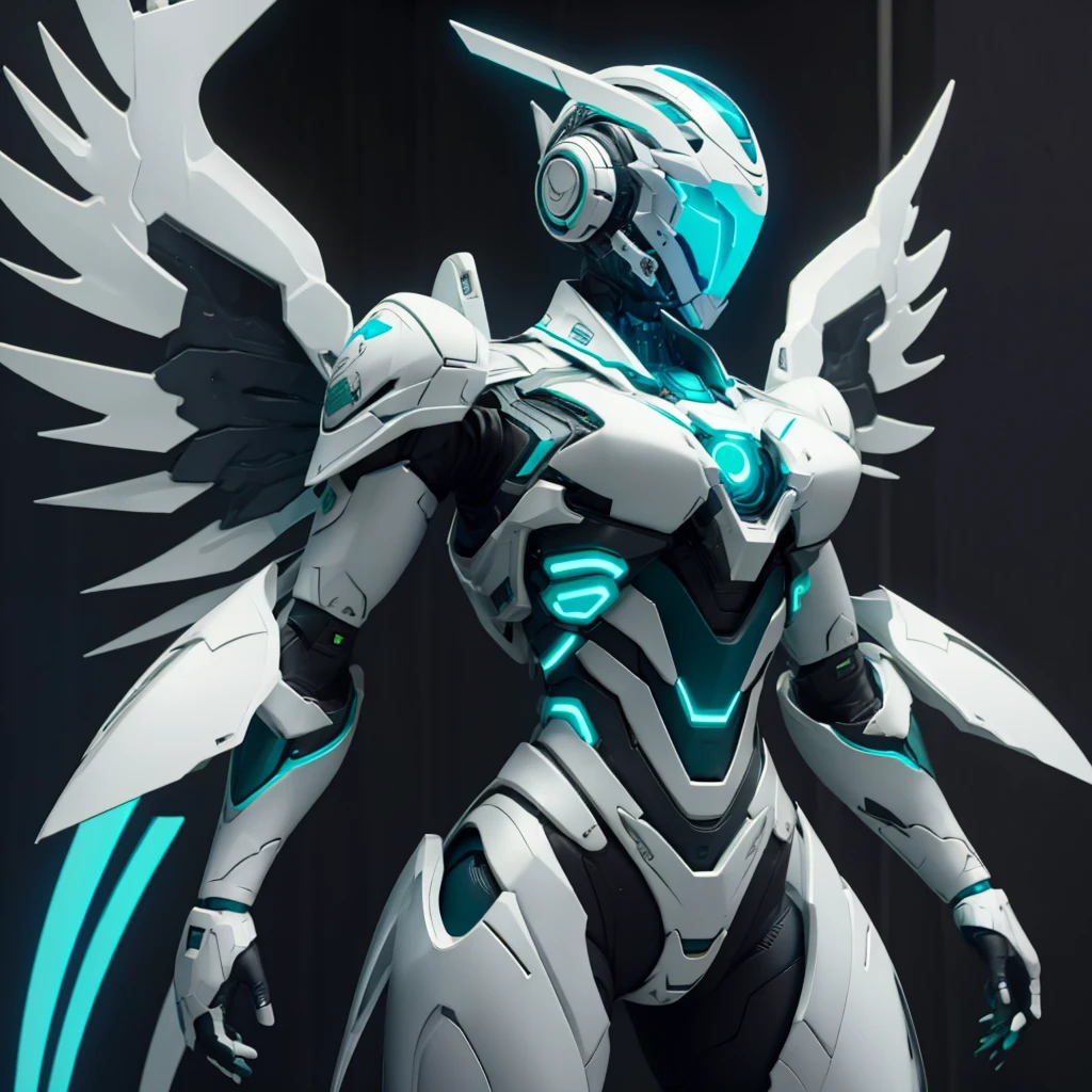 Dronificated unknown woman in a fully enclosed white latex fullbody suit with blue lights across the suit and green star shaped glowing core in the chest, fully enclosed cyber helmet that cover her whole face and hides her identity with a blue screen that has a white star, huge breast, narrow waist, wide hips and thick thighs, open Mechanical wings, (floating over a futuristic city), no face, no hair, no mouth, no eyes, (perfect anatomy)