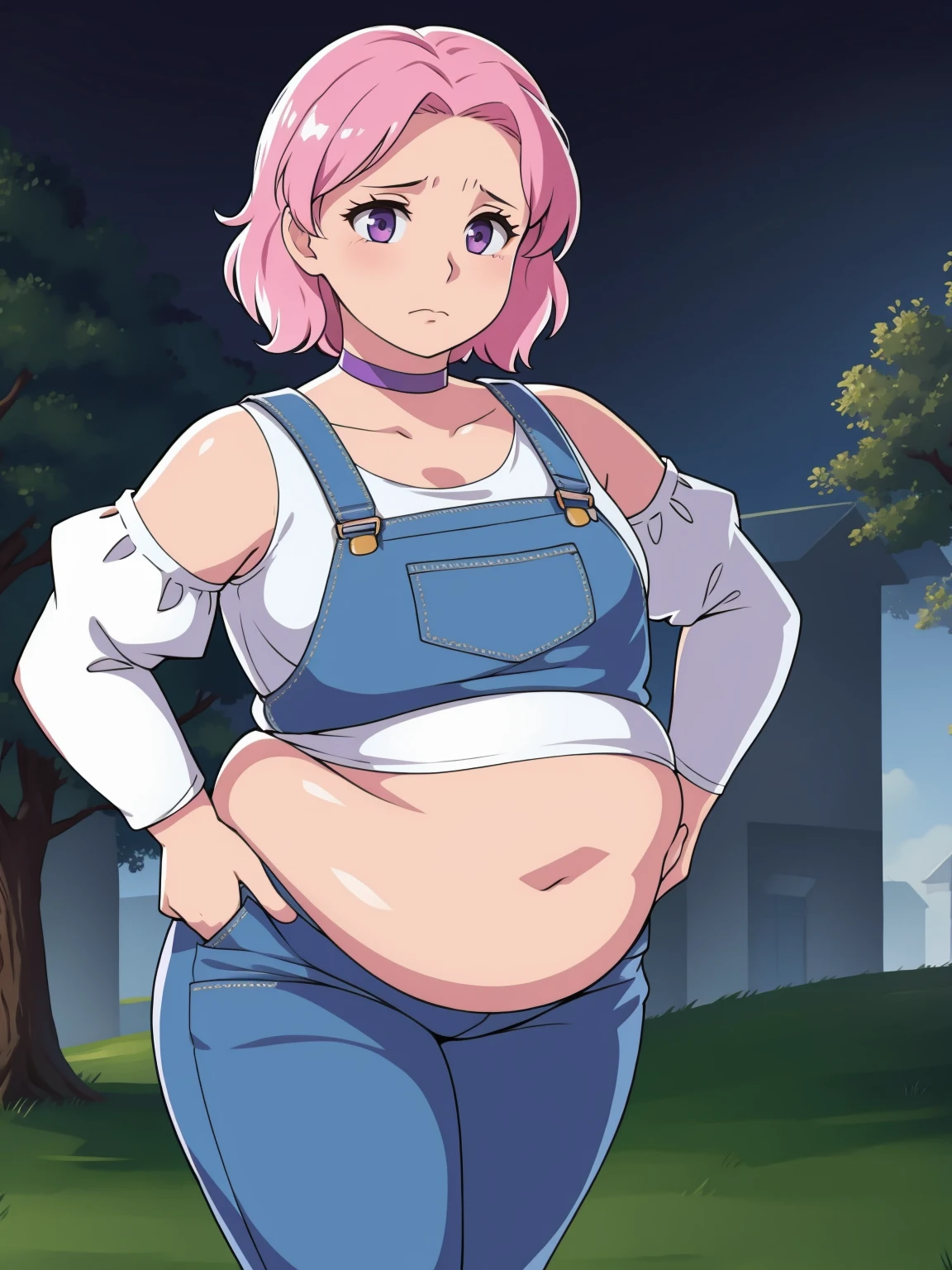 (Pale skin:1.0)Up close, Holding belly, hands on belly, outgrown clothes, (Sad:1.1), (Sad face:1.1)Pale skin, (Obese:1.1),fat, Slightly chubby, sad, farm backround, upper body, looking at viewer, 1girl, solo, short pink hair, (dark blue choker), (dark blue denim overalls), (purple eyes), (pink boots), (white shoulder lantern sleeve blouse, tucked in pants