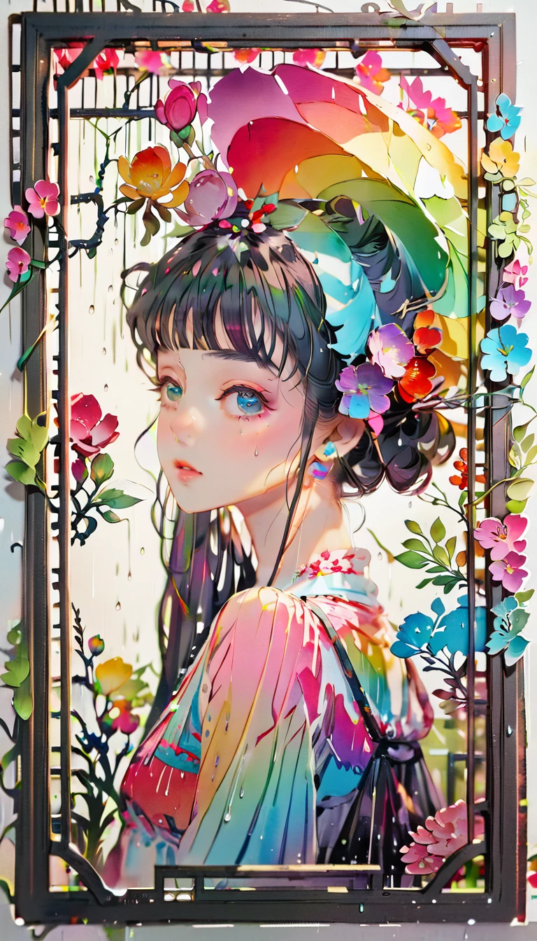 (((paper cutting style))), (frame of illustration is 3D paper cutting: 1.2), (random fashion), (random angle), (random hairstyle), (random hair color), (random hair length), 1 girl, rainbow, rain, unclear
