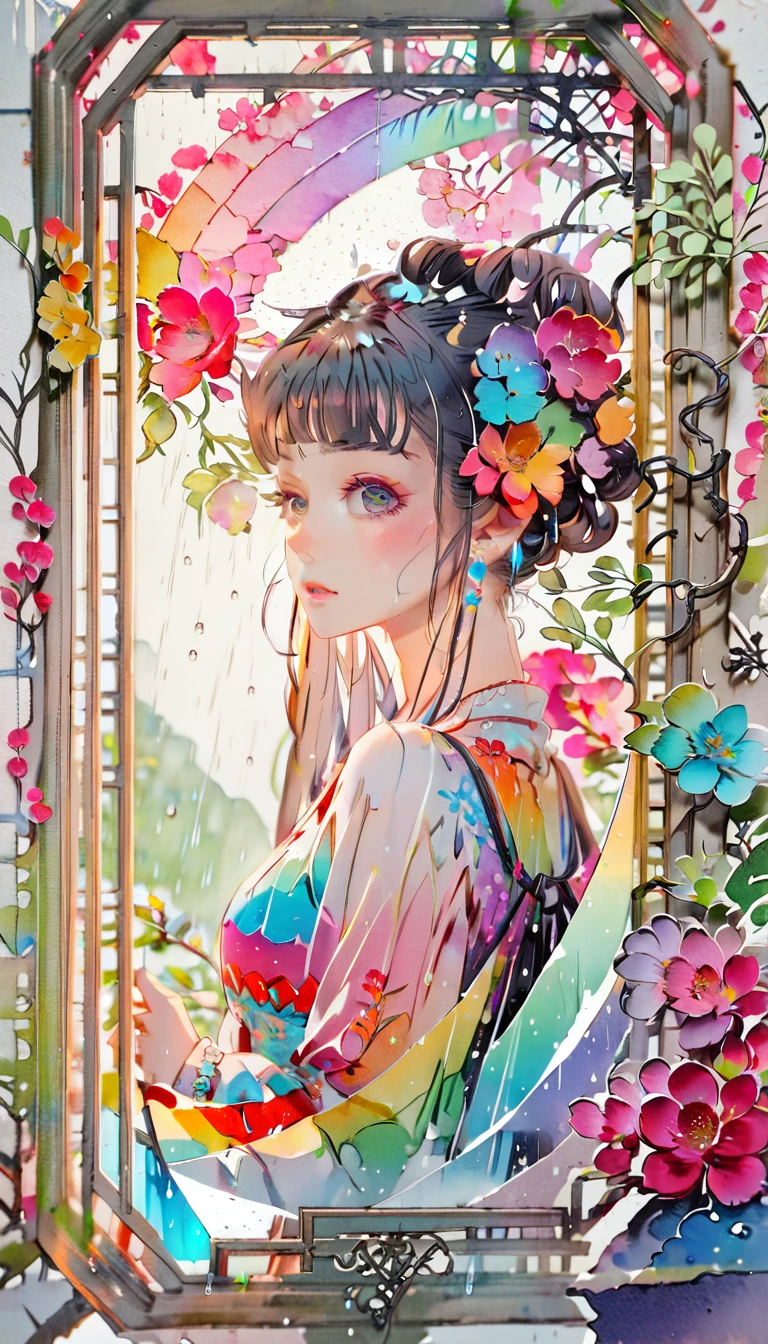 (((paper cutting style))), (frame of illustration is 3D paper cutting: 1.2), (random fashion), (random angle), (random hairstyle), (random hair color), (random hair length), 1 girl, rainbow, rain, unclear