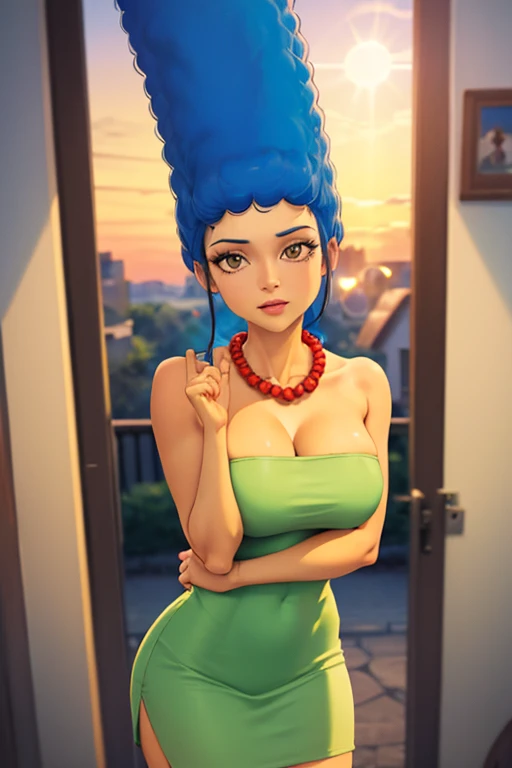 masterpiece, best quality, outdoors, lens flare, depth of field,  1girl, solo, looking at viewer, breasts, margesimpson, yellow skin, afro, big hair, necklace, pearl necklace, strapless dress, green dress, cowboy shot,